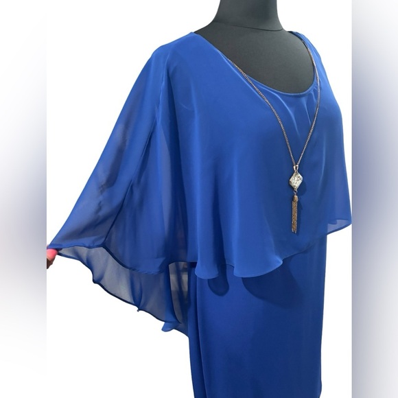 Royal Blue Sleeveless Dress with attached Pendant & Sheer Draping Cape-size 14 - Picture 2 of 10